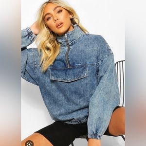 BOOHOO Quarter Zip Denim Pullover